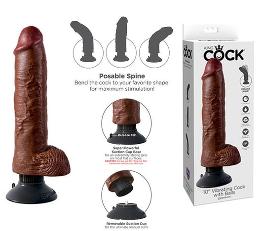 Vibratore Realistico King Cock 10 vibrating con ventosa whit Balls brown